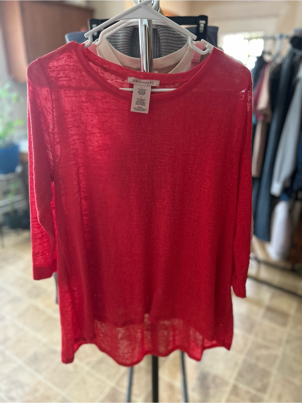 philosophy Red/orange Lightweight Long Sleeve Top. High-Low hem